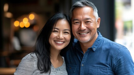 Happy couple smiling together in front of blurred background