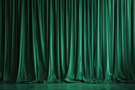 A rich emerald green velvet curtain hangs elegantly, creating a dramatic backdrop.