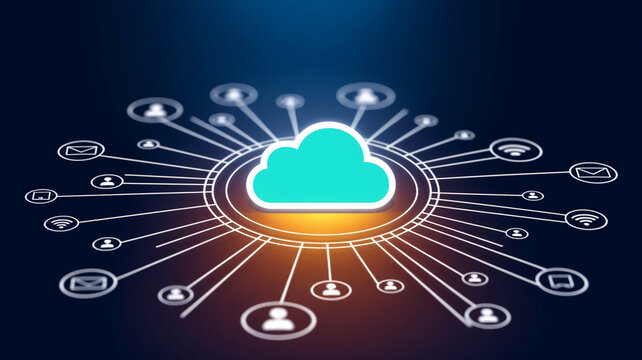 Teal cloud icon at center, connected to various digital icons via lines, symbolizing network, data, or cloud computing,  representing connectivity and technology