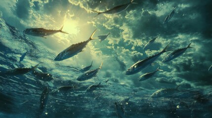 School of Fish Swimming Under Dramatic Ocean Sky