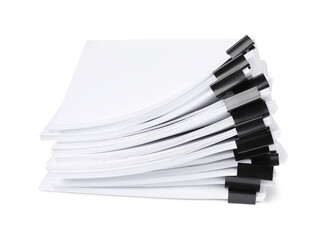 Binder clips with sheets of paper isolated on white