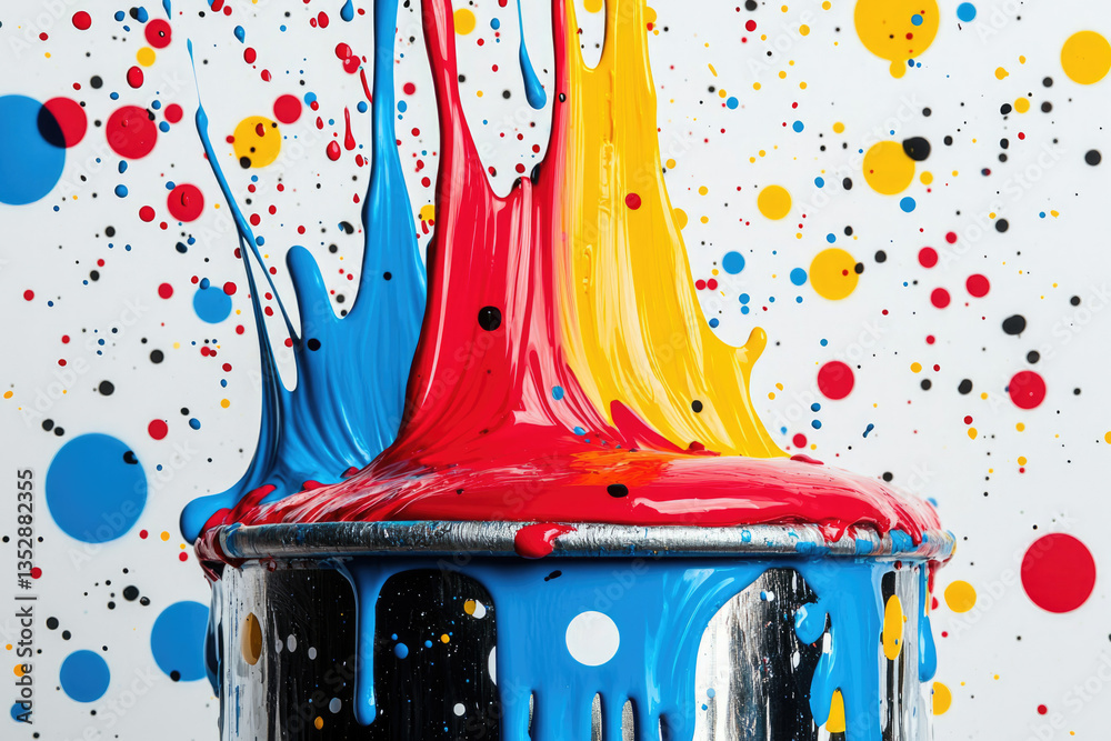 Poster Vibrant CMYK paint splashes explode from a metal bucket, creating a dynamic and colorful artwork.