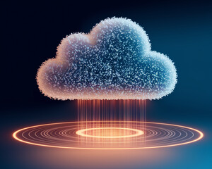 Stylized cloud icon composed of luminous particles, data streams descending into a glowing circular base, symbolizes data storage, cloud computing, digital technology