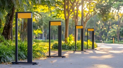 Fototapeta premium Park path with modern lights, trees, and sunlight creating a scenic atmosphere
