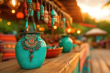 Fototapeta premium Vibrant Turquoise Pottery and Beaded Decor in Rustic Market Setting at Sunset