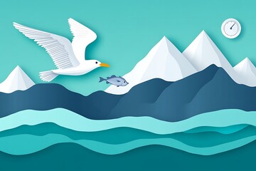 A white bird flies above water and mountains under the sky