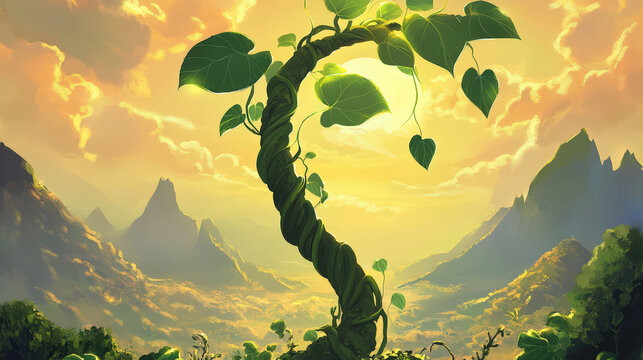 Dreamy fairytale illustration of a lush meadow with a twisting vine and glowing sunlight
