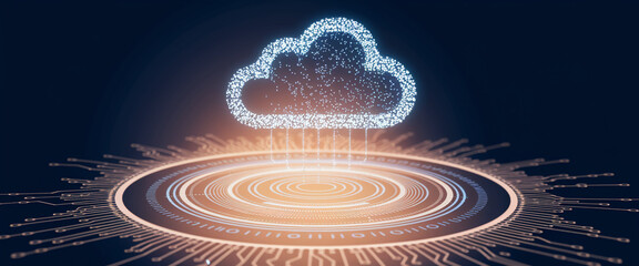 Digital cloud icon formed by glowing particles, hovering above a circular technological interface, symbolizing data storage, cloud computing, and digital technology