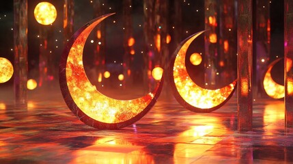 A set of crescent-shaped digital sculptures reflecting brilliant