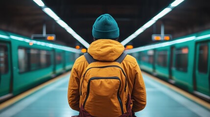 A young person stands still on a vibrant metro platform, absorbed in their surroundings, representing the dynamic spirit of city living and the excitement of urban exploration.