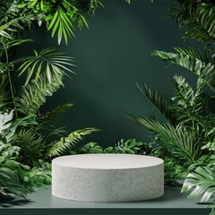 Empty display podium in lush tropical foliage