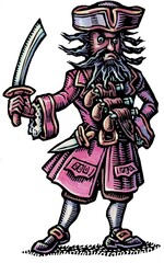 pirate bluebeard with a red coat and a sword cutlass