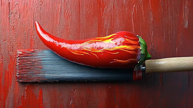 Vibrant red chili pepper on a painter's brush against a textured backdrop