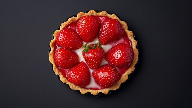 Top down view of French tarte aux fraises strawberry tart fresh strawberries on a bed of vanilla custard presented on a sleek black background