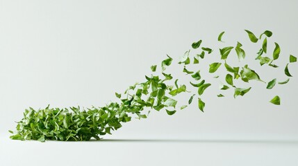 Green herbs cluster then scatter on white. Fresh, vibrant, and dynamic