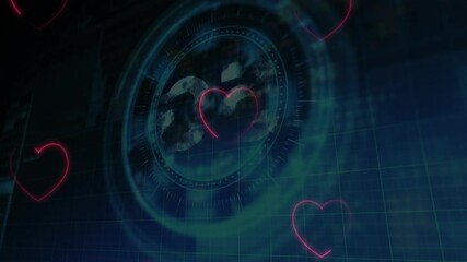 Animation of digital globe with glowing pink hearts and circular interface elements - Powered by Adobe