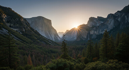 A scenic view of yosemite valley with the sun rising between the mountains and lush green trees