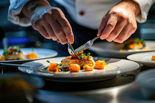 Chef meticulously plating pan-seared fish with roasted cherry tomatoes and herbs.