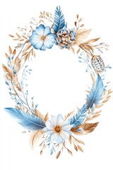 A decorative circular wreath composed of flowers and various botanicals