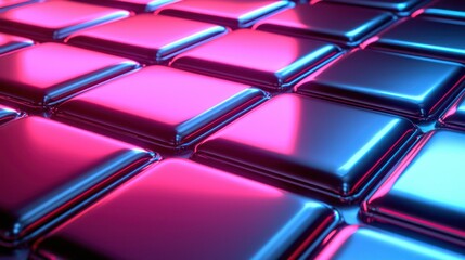 Grid of squares in pink and blue lighting. Metallic, reflective surfaces