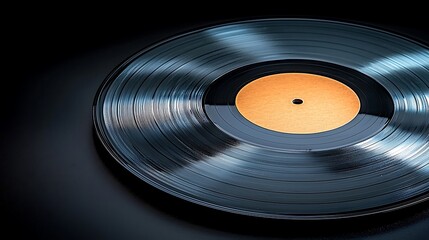 Obraz premium Record on black surface with gold center, showcasing grooves under soft lighting