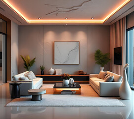 A contemporary living room featuring chic furnishings and a modern sofa. This space is elegantly decorated 
and designed as a duplex.