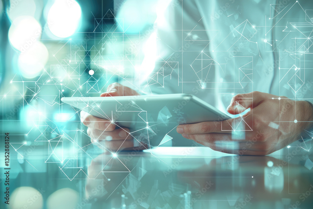 Aufkleber person using tablet, digital network overlay; modern technology concept.