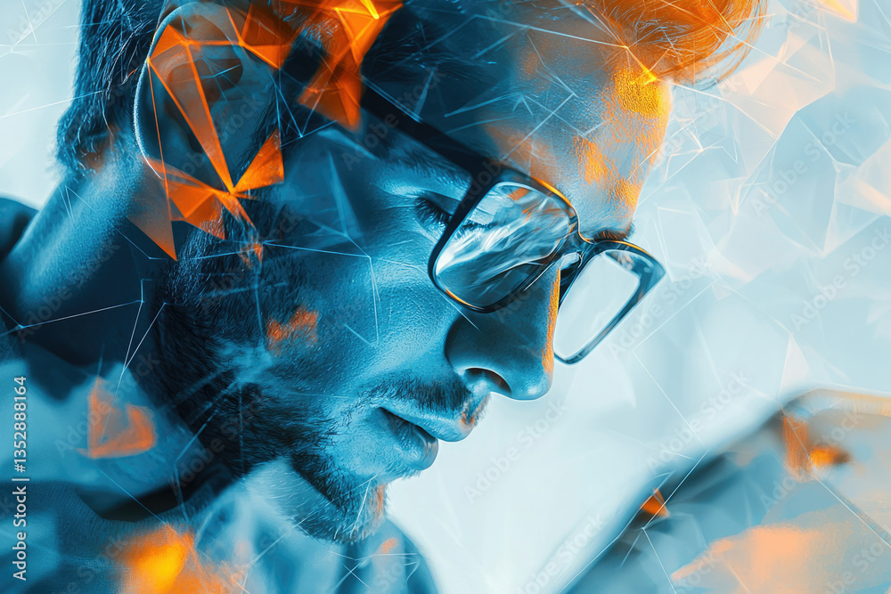 Poster a man with glasses, contemplative expression, overlaid with abstract network design, representing di