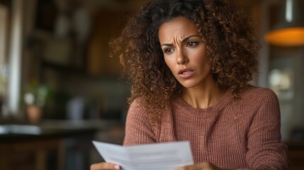 Concerned Woman Reading Important Document in Cozy Home Environment