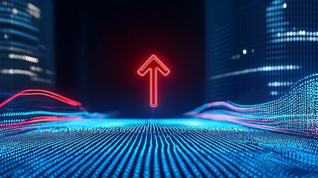 Red arrow pointing up with blue, red flowing lines; dark buildings background