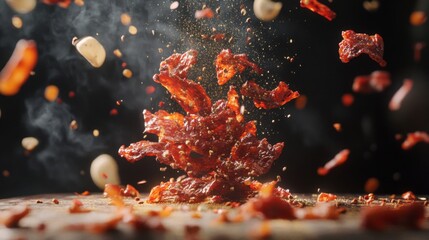 Spicy Jerky Pieces with Seasoning, Dark Background