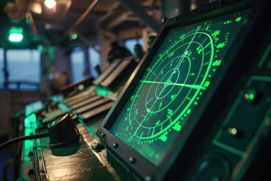 A ship's bridge radar display showing navigational data and surrounding environment.