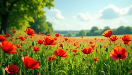 A carpet of red poppies blankets a lush green summer meadow , scarlet, poppies