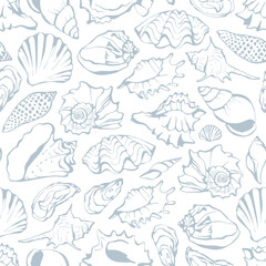 Seamless pattern with hand drawn sea shells in sketch style