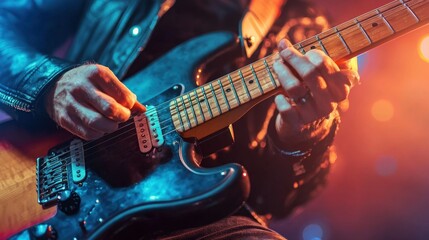 Obraz premium Guitarist playing electric guitar, colorful lights, and leather jacket