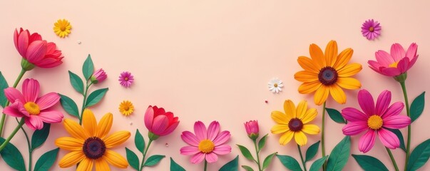 Fototapeta premium Brightly colored flat-lay flower icons, simple design, wallpaper