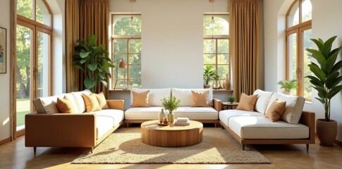 Fototapeta premium Brown & white sofas, hanging swings, bright living room, airy, light, house