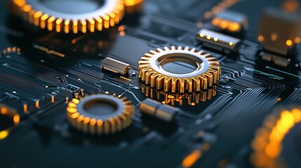 Golden Gears on Circuit Board: Precision and Technology