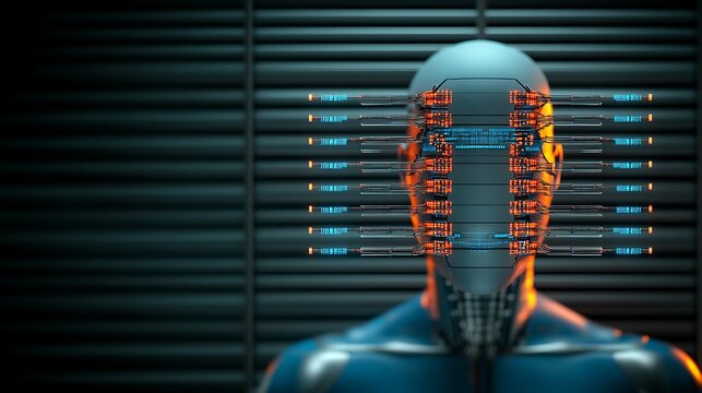 Robotic figure with glowing circuits stands before a corrugated metallic backdrop