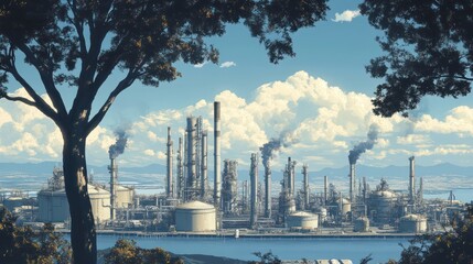 Obraz premium Industrial complex, coastal view, tree framing, pollution, environmental impact, stock photo