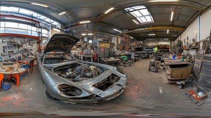 Classic car restoration, workshop, engine repair, tools, 360 view, industrial background, automotive