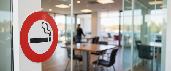 "No Smoking" sign on glass door in bright public space, health awareness