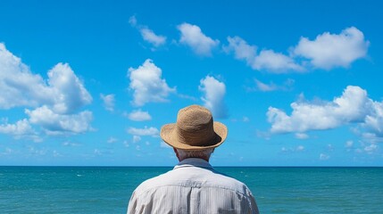 retired back view of an elderly man wearing a hat alone at a beach looking at the ocean on a bright sunny day taking a vacation after retirement