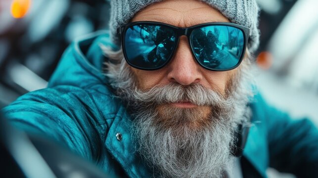 An elegant and confident senior man wearing stylish sunglasses and a cozy beanie, encapsulating wisdom and character with a modern twist, symbolizing freedom and adventure in life.
