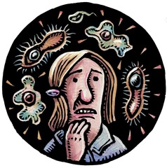 white woman looking nervous with bacteria and germs circling her head