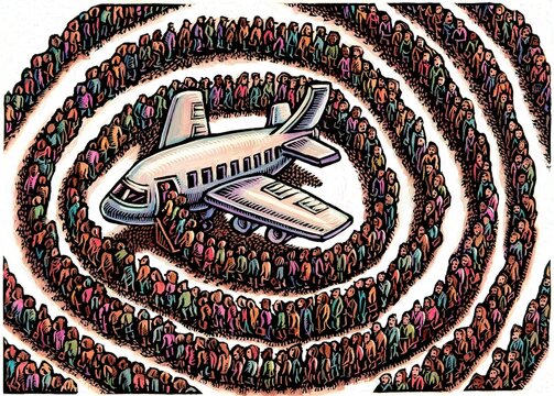 long line of people to board airplane circles in a giant spiral