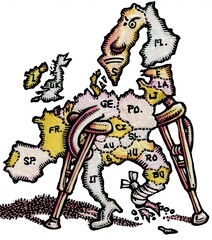 map of europe on crutches with greece bandaged
