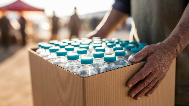 Close-up of hands holding cardboard box filled with plastic water bottles, teal caps visible, outdoors setting blurred background, showcasing donation or distribution concept