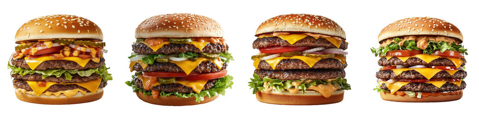 Four stacked cheeseburgers with sesame seed buns lettuce tomato onion pickles and melted cheese.