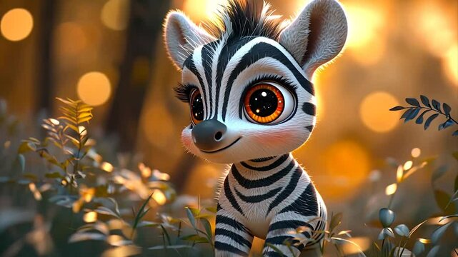 Adorable cartoon zebra character in a vibrant forest setting
